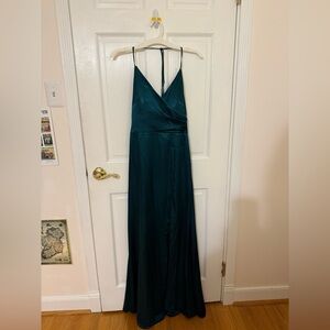 Morgan & Co Green Sleeveless Spaghetti Strap Satin Halter Gown